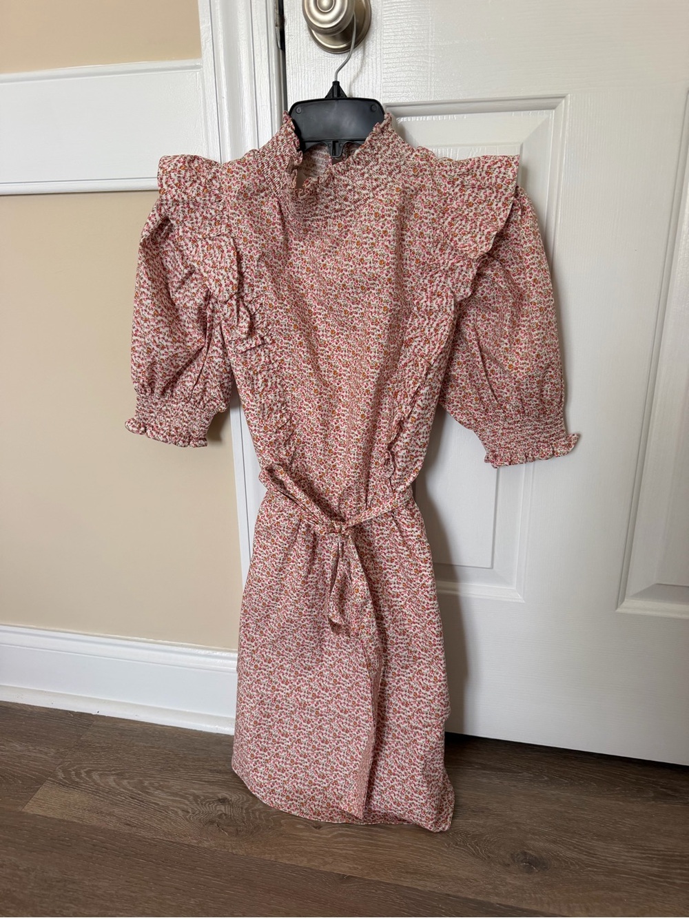 Anthropology English Factory Floral Pink Ruffle Tie-Waist Dress Puff Sleeve XS